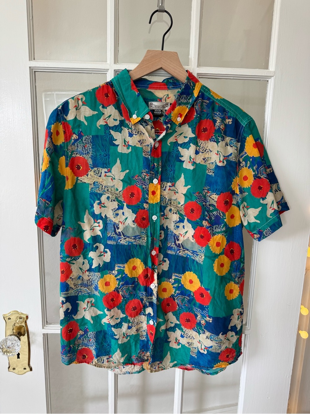 Men's Bold Floral Button-Down Shirt - Teal and Blue with Red Yellow Flowers